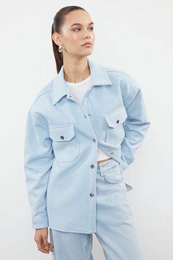 Trendyol Collection Blue Oversize Stamp Shacket Slim Jacket Coat Twoaw25Mo00077