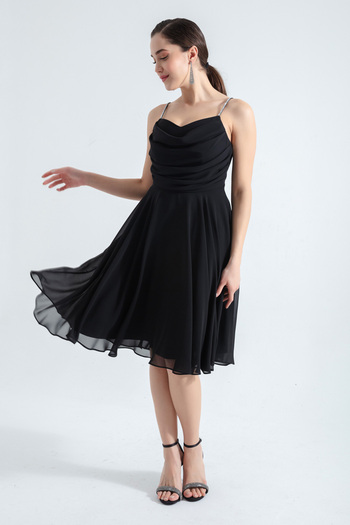 Lafaba Women's Black Stone Strap Midi Evening Dress