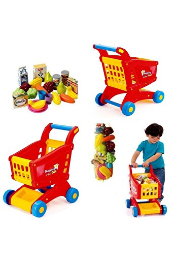 SAZE Kalite Burada Market Arabası+ Filede Meyve Sebzeler Oyuncak Setleri Oyun 2 Li Set
