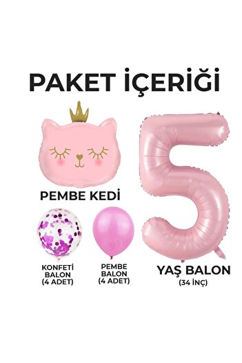 Konsept Sepeti Σετ πάρτι με ροζ γάτα και μπαλόνι για γενέθλια 5 ετών