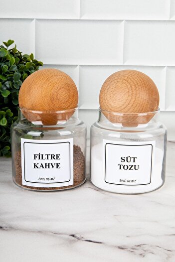 DNS HOME 500 ml Capacity 2-Piece Wooden Ball Glass Storage Set - Coffee and Milk Powder Labeled