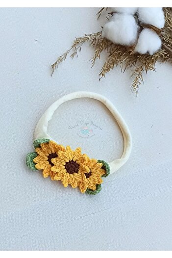 Masal Örgü Dünyası Ayçiçek Temalı Doğal Saç Bandı / Bandanası - Hair Band / Bandana