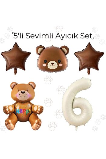 Konsept Sepeti 6 Years Old Cute Retro Teddy Bear Balloon Set - Set of 5 Sitting Bear Star Head