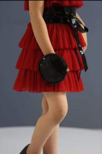 Riccotarz Red Girl's Dress - Transparent Collar, Layered Tulle and Jeans Jacket