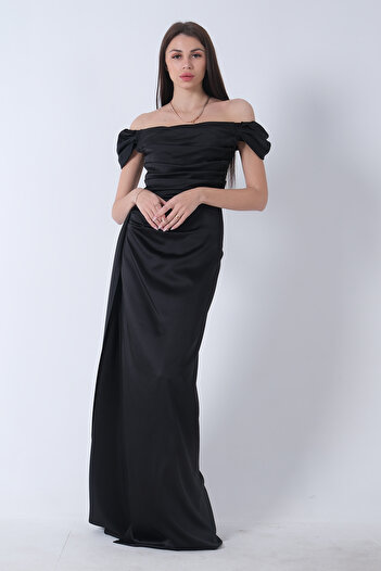 Feminist Drape Detaylı Siyah Saten Abiye Elbise 9704858