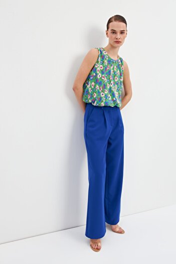 STELLA PULVIS Mavi Yüksek Bel Wide Leg Krep Pantolon