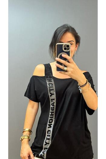citycenterfashion Plus Size One-Shoulder Stone Detailed City Fashion Blouse - Low Sleeve cty-cnd-06
