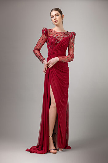 Kenzel Sheer Sleeve Slit Embroidered Long Dress