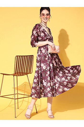 Sassafras By Styli Floral Print V Neck Anarkali Dress
