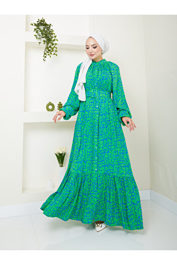 VOLT CLOTHİNG Gemustertes Hijab-Kleid – Damen, vorherrschender Kragen, Taillengürtel