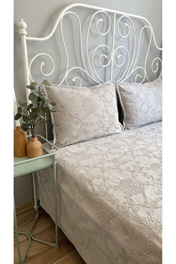 Decamor home Gray Double Pique Set - Bohemian Embroidery Detailed Bedspread Set