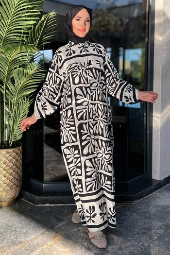 julude Patterned Viscose Hijab Dress - Neck Buttoned, Black