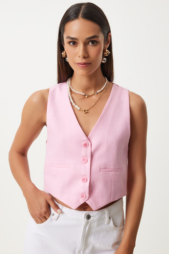 Happiness İstanbul Pink Linen Short Women's Vest - KT00011