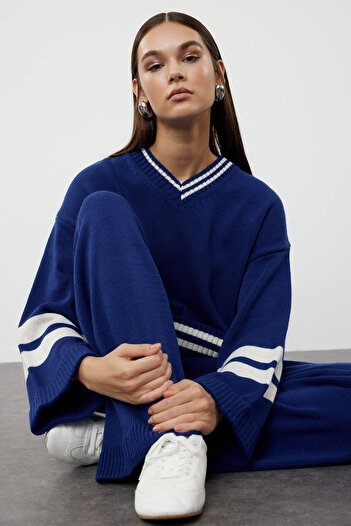 Trendyol Modest Indigo Color Blocked Striped Knitwear Top and Bottom Skirt Sweater Set Tctaw25Us00011