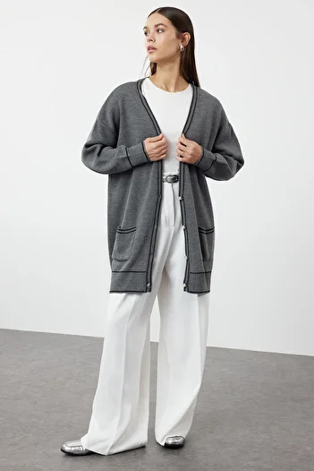 Trendyol Modest Anthracite Oversize Knitwear Cardigan with Pearl Buttons and Piping TCTAW24TH00036