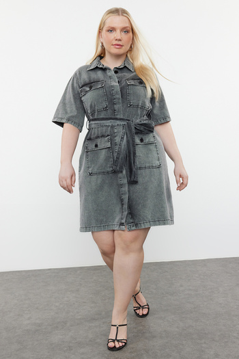 Trendyol Curve Dark Blue Belt Detailed Mini Denim Shirt Dress TBBSS24AH00124