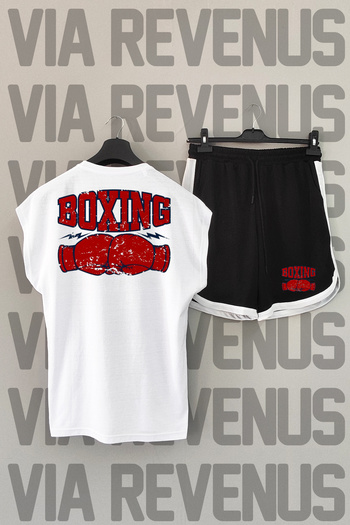 Vordevia Boxing Patterned White and Black Sports T-shirt - Crew Neck, Zero Sleeve, Back Printed