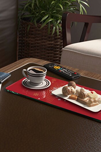 Decovetro Set of 2 Glass Coffee Tableware Presentation Table - Red Snowflake Pattern, 30 x 15 cm