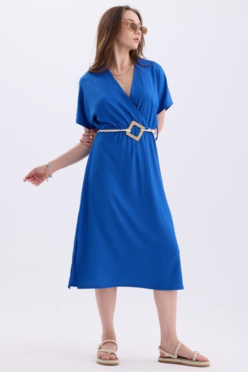 MD trend Straw Belt Side Slit Double Breasted Collar Short Sleeve Summer Dress