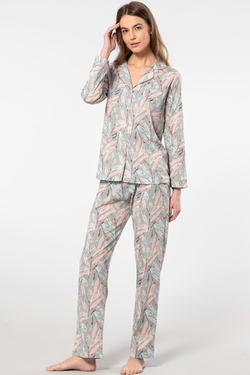 TÜREN PatternedModal Fabric - Long Sleeve Women's Pajamas Set with Shirt Collar