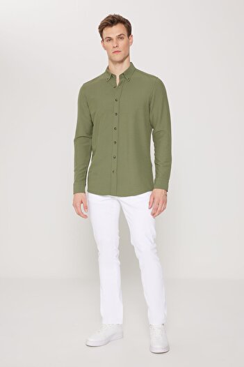 ALTINYILDIZ CLASSICS Ανδρικό πουκάμισο Χακί Slim Fit Slim Fit με γιακά 100% βαμβάκι