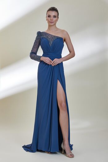 Kenzel Single Embroidered Long Dress with Sheer Sleeves and Slits