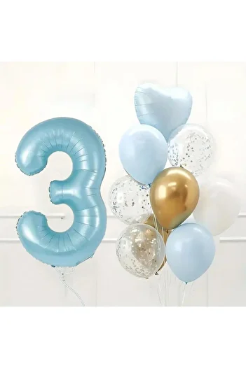 Konsept Sepeti 3 Year Old Birthday Set - Blue White Chrome Gold, Age Foil Confetti Heart Balloon Party