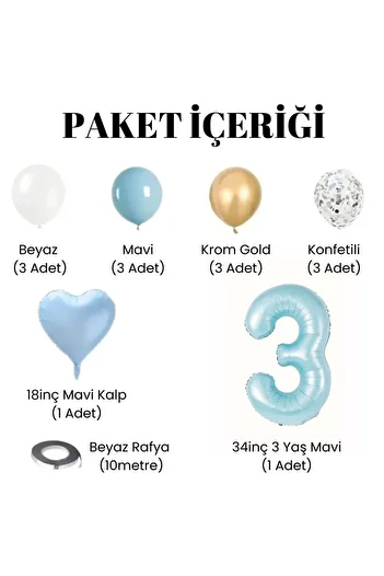 Konsept Sepeti 3 Year Old Birthday Set - Blue White Chrome Gold, Age Foil Confetti Heart Balloon Party