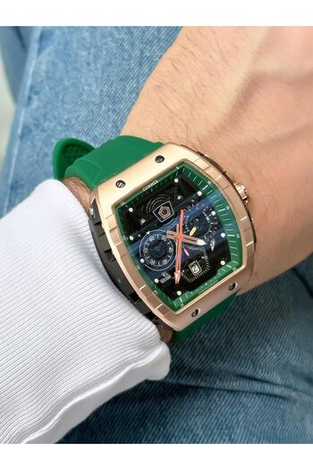 COMMES Silicone Cord Green Rose Color Men's Classic Wristwatch with Stopwatch and Calendar 0376-ybrb