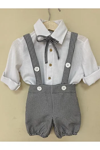 Ares Kids Fashion Houndstooth Short Buttoned Salopet, White Shirt, Bow Tie Set Baby Kids Clothing Boys And Girls Holiday