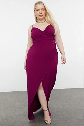 Trendyol Curve Long Plum Evening Dress - Double Breasted Collar and Slit Detail, Lined Evening/Graduation/Engagement Dress TBBSS24AD00002
