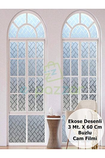 epazzar 3 Mt X 60 Cm Uv Koruyucu Transparan 3D Buzlu Ekose Desenli Cam Banyo Pencere Folyosu Statik Sticker