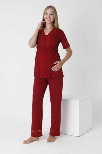Miss Dünya Lissa V-Neck Lace Detailed Maternity and Maternity Pajamas Set - Buttoned Front, Short Sleeve