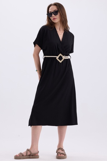 MD trend Straw Belt Side Slit Double Breasted Collar Short Sleeve Summer Dress