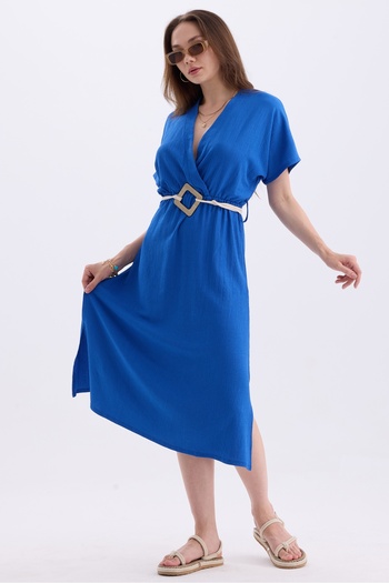 MD trend Straw Belt Side Slit Double Breasted Collar Short Sleeve Summer Dress
