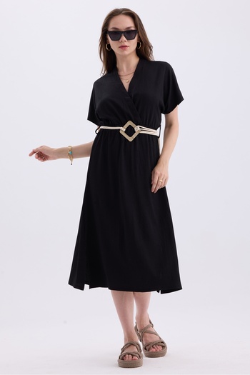 MD trend Straw Belt Side Slit Double Breasted Collar Short Sleeve Summer Dress
