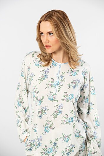 TÜREN Battal Size Patterned Viscose Women's Pajama Set - Long Sleeve