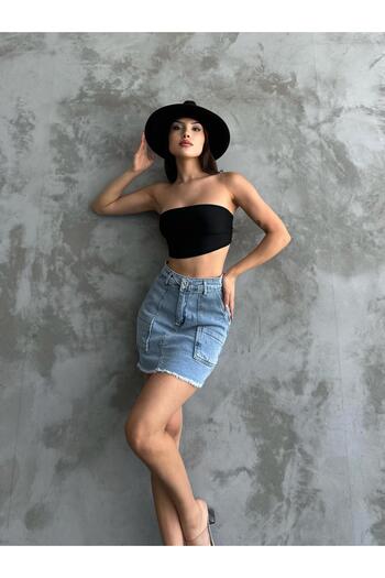 BROWSER Fustă scurtă din denim pentru femei, albastră Snow Wash, cu dantelă