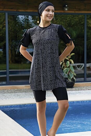 REMSA 2423 Model - Black Short Sleeve Flounced Lycra Swimsuit