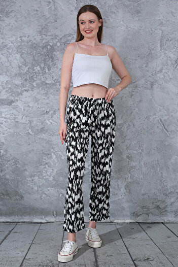 Fiftyone Wear Black Viscose Summer Trousers - Regular Leg, Gray Pattern, Pockets and Elastic Waist