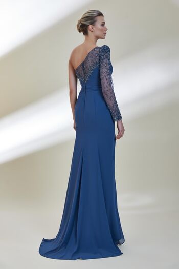 Kenzel Single Embroidered Long Dress with Sheer Sleeves and Slits