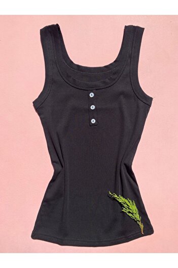 LEYNA BUTİK Women's Corduroy Undershirt - Cotton Fabric, Thick Strap, Button Detail, 2-Piece Black and White Color
