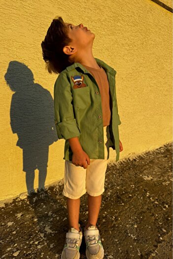 Pollito Khaki Shirt T-Shirt and Paw Dog Embroidered Cotton 2-Piece Set for Boy