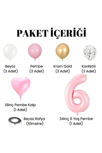 Konsept Sepeti 6 Year Old Birthday Set - Pink Heart Balloon with White Pink, Chrome Gold Color Confetti