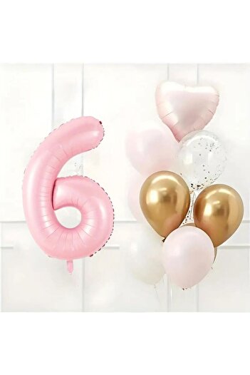 Konsept Sepeti 6 Year Old Birthday Set - Pink Heart Balloon with White Pink, Chrome Gold Color Confetti