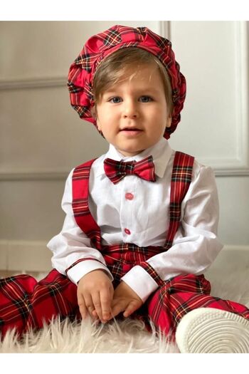 Ares Kids Fashion Plaid Patterned Salopet and White Shirt with Bow Tie for Holiday and Special Daily Girls and Boys