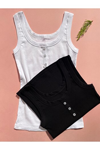 LEYNA BUTİK Women's Corduroy Undershirt - Cotton Fabric, Thick Strap, Button Detail, 2-Piece Black and White Color