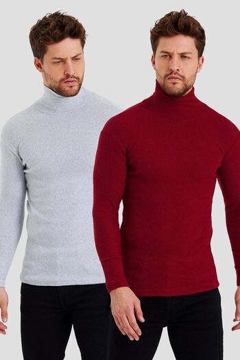 HANCLO Pack of 2 Gray - Burgundy Turtleneck Men's Knitwear Turtleneck Sweater