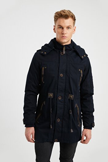 DYNAMO Men's Navy Blue Large Size Faux Fur Lined Waterproof Coated Coat
