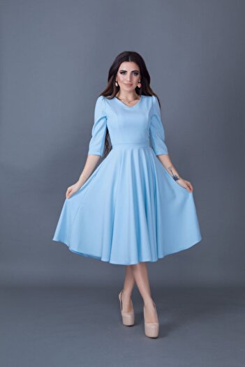 Bidoluelbise Γυναικείο Baby Blue Midi Φόρεμα με λαιμόκοψη με λεπτομέρεια τσέπης